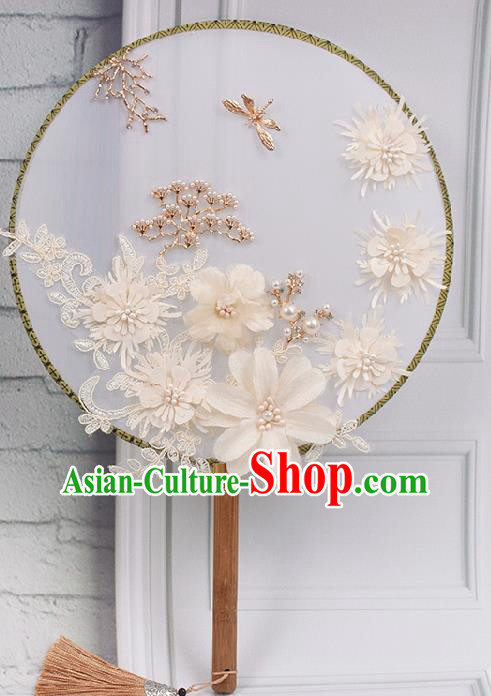 China Wedding Silk Fan Handmade White Flowers Palace Fan Traditional Bride Circular Fan