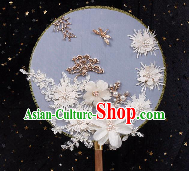 China Wedding Silk Fan Handmade White Flowers Palace Fan Traditional Bride Circular Fan