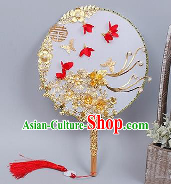 China Handmade Golden Flowers Palace Fan Traditional Bride Circular Fan Wedding Silk Fan