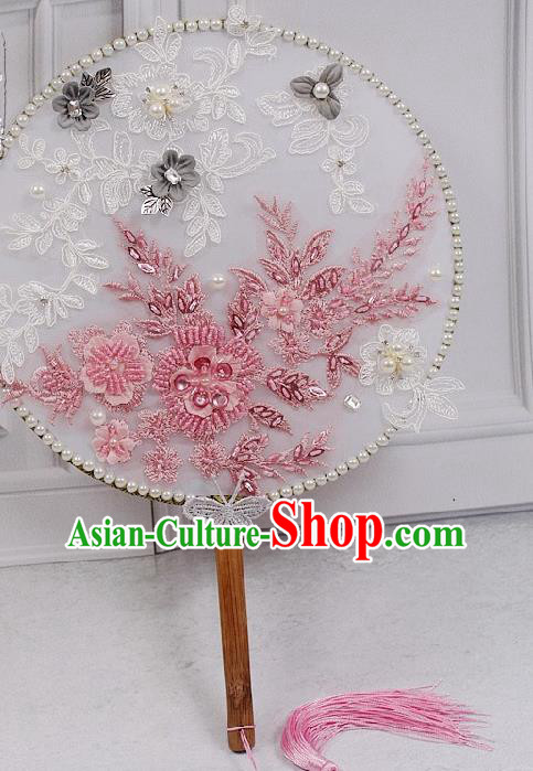 China Wedding Silk Fan Traditional Bride Lace Circular Fan Handmade Pink Beads Flowers Palace Fan
