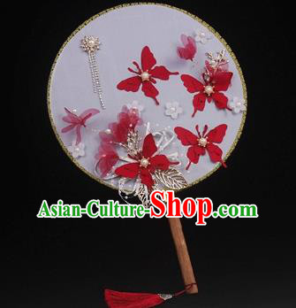 China Traditional Bride Circular Fan Wedding Silk Fan Handmade Red Butterfly Palace Fan