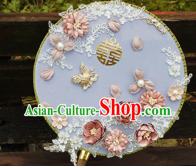 China Traditional Wedding Silk Fan Bride Circular Fan Handmade Pink Roses Palace Fan
