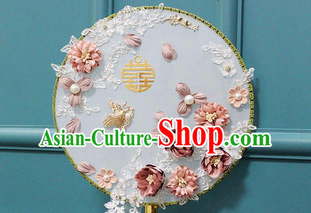 China Traditional Wedding Silk Fan Bride Circular Fan Handmade Pink Roses Palace Fan