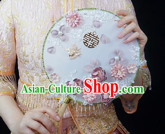 China Traditional Wedding Silk Fan Bride Circular Fan Handmade Pink Roses Palace Fan
