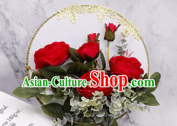 China Bride Circular Fan Traditional Wedding Silk Fan Handmade Red Rose Palace Fan