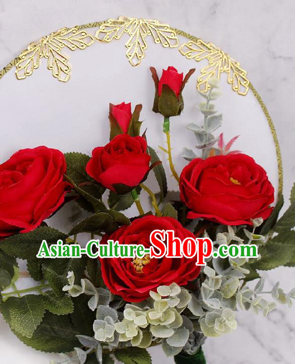 China Bride Circular Fan Traditional Wedding Silk Fan Handmade Red Rose Palace Fan