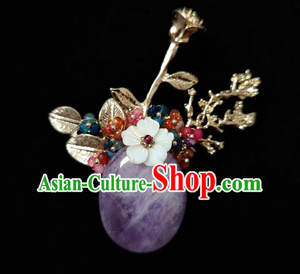 Handmade China Cheongsam Shell Flower Breastpin Amethyst Brooch Accessories Classical Jewelry