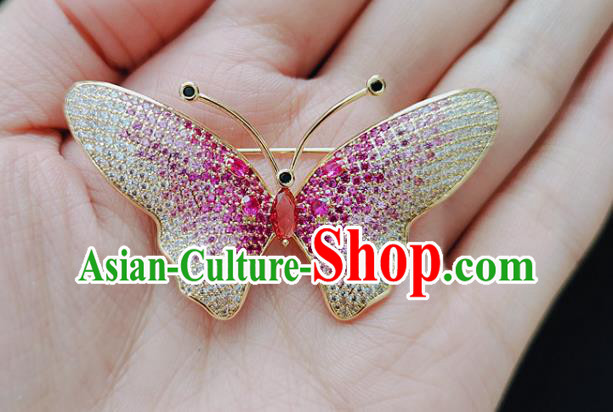 Handmade Rosy Crystal Butterfly Brooch Top Grade Zircon Jewelry Accessories