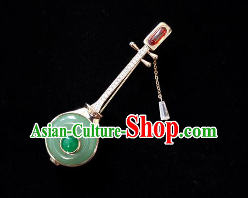 Handmade China Jade Brooch Accessories Cheongsam Crystal Lute Breastpin Classical Jewelry