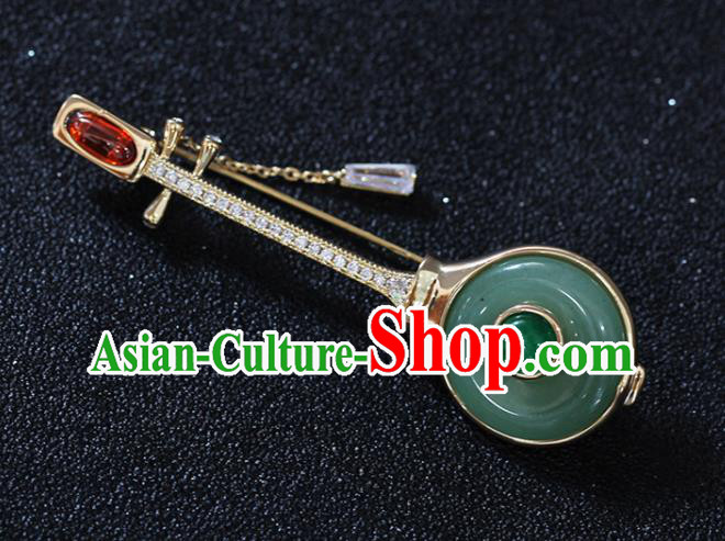 Handmade China Jade Brooch Accessories Cheongsam Crystal Lute Breastpin Classical Jewelry