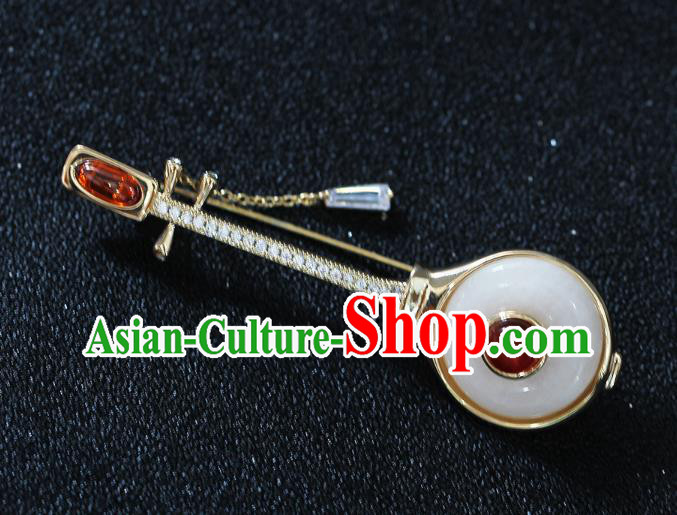 Handmade China Classical Cheongsam Crystal Lute Breastpin Jewelry White Jade Brooch Accessories