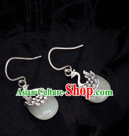 Top Chinese Cheongsam Accessories Silver Carving Phoenix Earrings Classical Jade Ear Jewelry