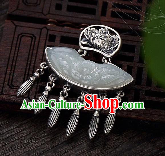 Handmade China Jade Carving Peony Tassel Pendant Accessories Classical Cheongsam Silver Necklace Jewelry