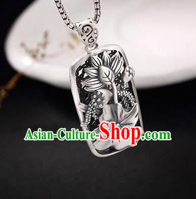 Handmade China Classical Cheongsam Silver Necklace Jewelry Carving Lotus Pendant Accessories