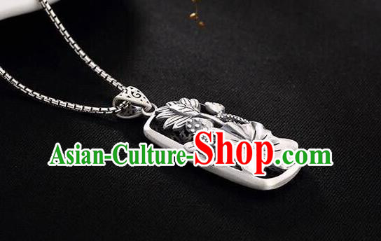 Handmade China Classical Cheongsam Silver Necklace Jewelry Carving Lotus Pendant Accessories