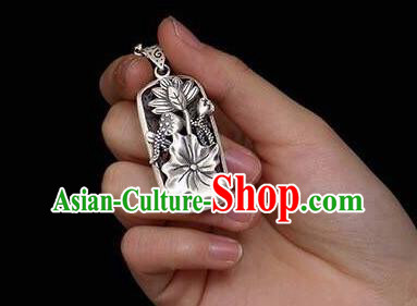 Handmade China Classical Cheongsam Silver Necklace Jewelry Carving Lotus Pendant Accessories