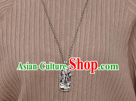Handmade China Classical Cheongsam Silver Necklace Jewelry Carving Lotus Pendant Accessories