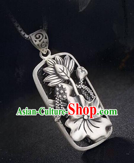 Handmade China Classical Cheongsam Silver Necklace Jewelry Carving Lotus Pendant Accessories