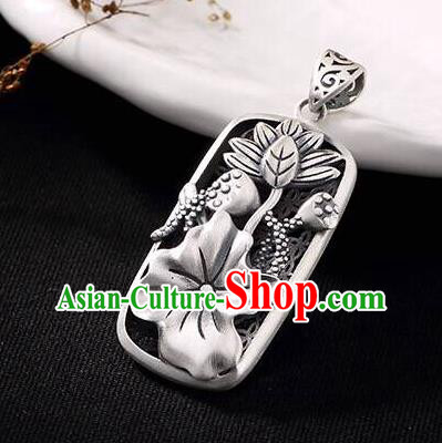 Handmade China Classical Cheongsam Silver Necklace Jewelry Carving Lotus Pendant Accessories