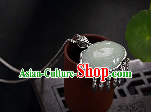 Handmade China Cheongsam Pendant Accessories Silver Longevity Lock Classical Jade Necklace Jewelry