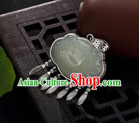 Handmade China Cheongsam Pendant Accessories Silver Longevity Lock Classical Jade Necklace Jewelry