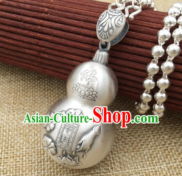 Handmade China Cheongsam Carving Lotus Pendant Accessories Classical Silver Gourd Necklace Jewelry
