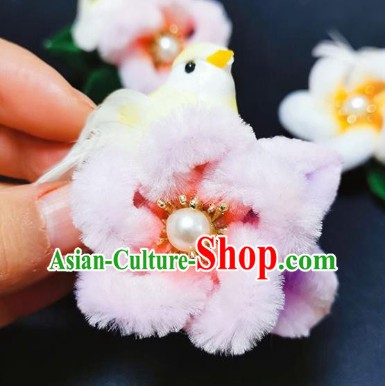 China Traditional Pink Velvet Plum Hair Stick Handmade Ancient Princess Headpiece