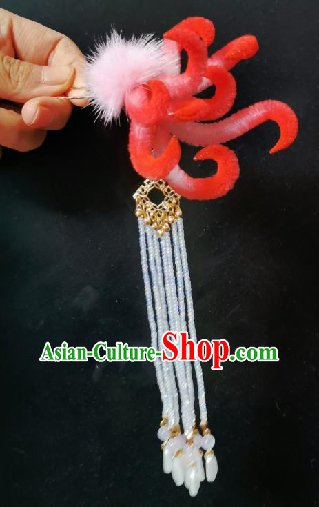 China Ancient Princess Tassel Hairpin Handmade Traditional Red Velvet Fox Hair Stick