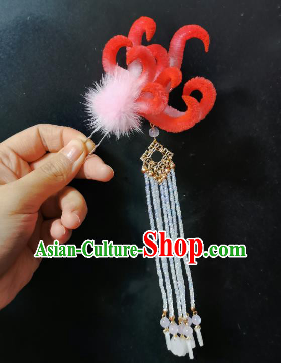 China Ancient Princess Tassel Hairpin Handmade Traditional Red Velvet Fox Hair Stick