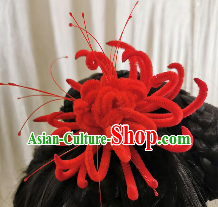 China Handmade Traditional Red Velvet Hair Stick Ancient Princess Red Spider Lily Hairpin