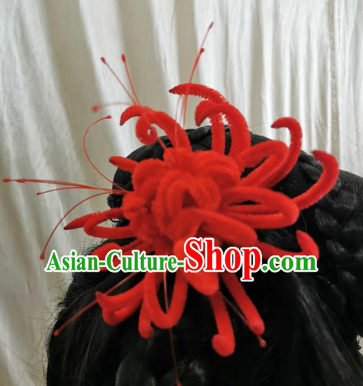 China Handmade Traditional Red Velvet Hair Stick Ancient Princess Red Spider Lily Hairpin