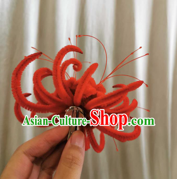 China Handmade Traditional Red Velvet Hair Stick Ancient Princess Red Spider Lily Hairpin