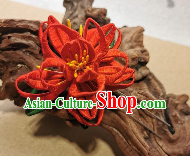 China Handmade Red Silk Epiphyllum Hair Stick Traditional Hanfu Flower Hairpin