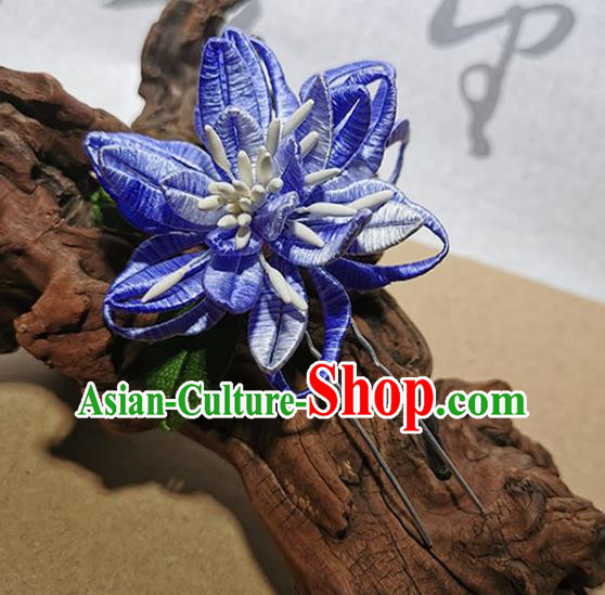 China Traditional Hanfu Flower Hairpin Handmade Blue Silk Epiphyllum Hair Stick