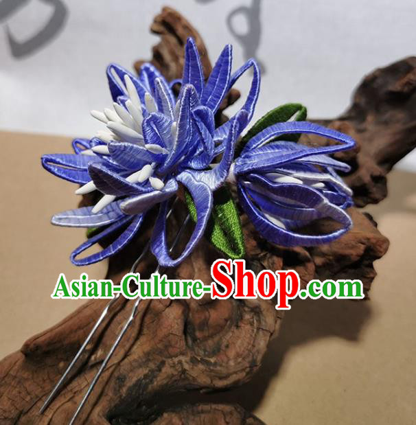 China Traditional Hanfu Flower Hairpin Handmade Blue Silk Epiphyllum Hair Stick