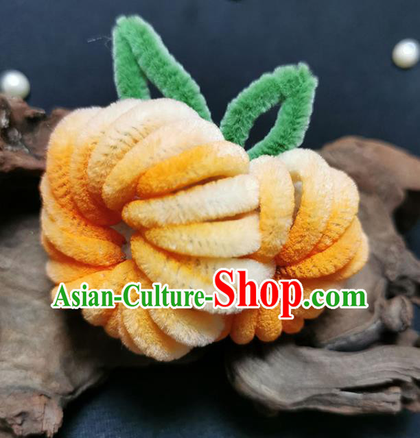 China Handmade Yellow Velvet Chrysanthemum Hair Stick Traditional Hanfu Flowers Hairpin