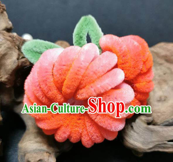 China Traditional Hanfu Flowers Hairpin Handmade Pink Velvet Chrysanthemum Hair Stick