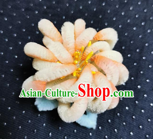 China Classical Velvet Pink Chrysanthemum Hairpin Handmade Hair Stick Traditional Qing Dynasty Princess Hair Accessories