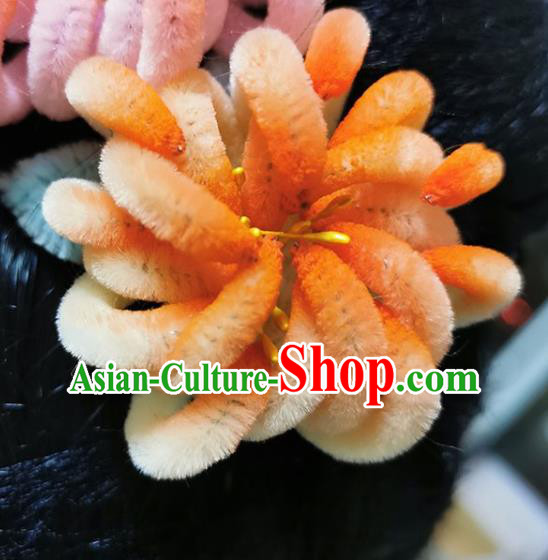 China Traditional Qing Dynasty Princess Hair Accessories Classical Velvet Orange Chrysanthemum Hairpin Handmade Hair Stick