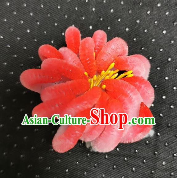 China Handmade Classical Velvet Red Chrysanthemum Hairpin Traditional Qing Dynasty Princess Hair Accessories