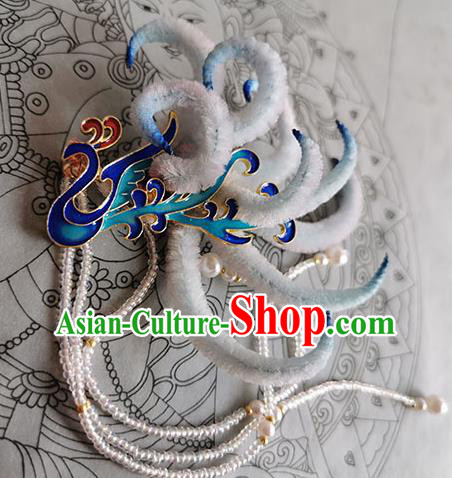 China Traditional Ming Dynasty Phoenix Velvet Hairpin Handmade Ancient Empress Beads Tassel Hair Stick
