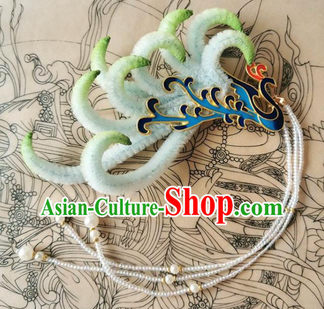 China Handmade Ancient Empress Beads Tassel Hair Stick Traditional Ming Dynasty Green Velvet Phoenix Hairpin