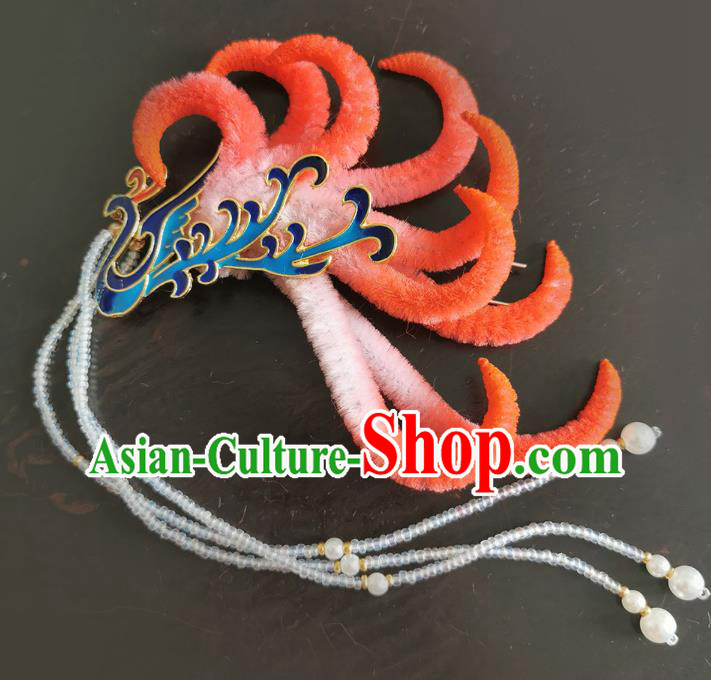China Handmade Beads Tassel Hair Stick Traditional Ancient Ming Dynasty Empress Red Velvet Phoenix Hairpin