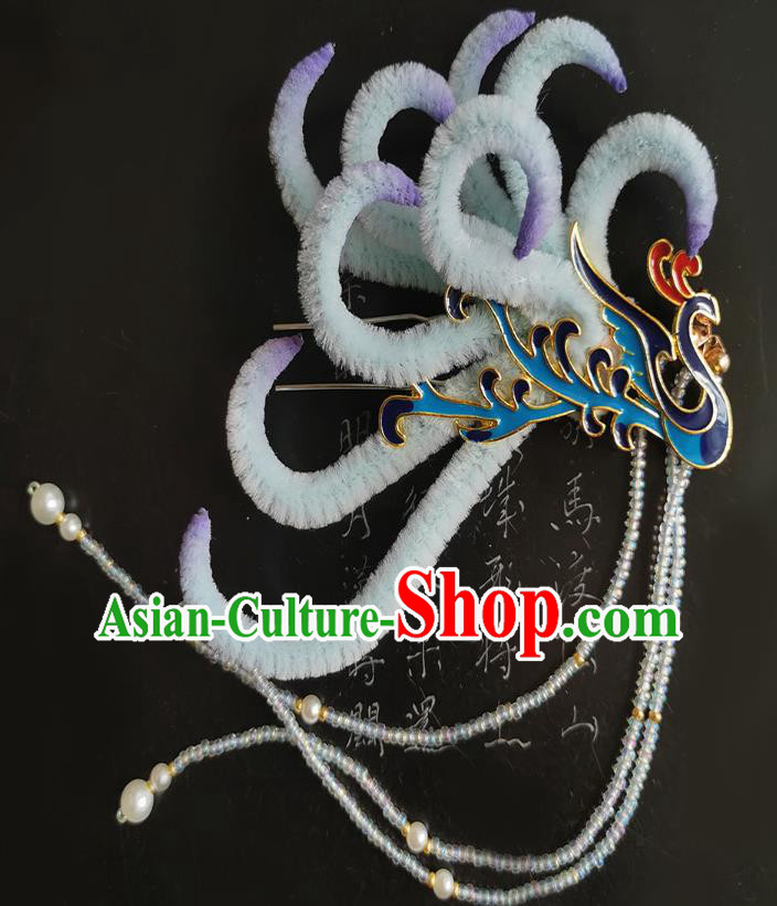 China Handmade Blueing Phoenix Hair Stick Traditional Ancient Ming Dynasty Empress Velvet Tassel Hairpin