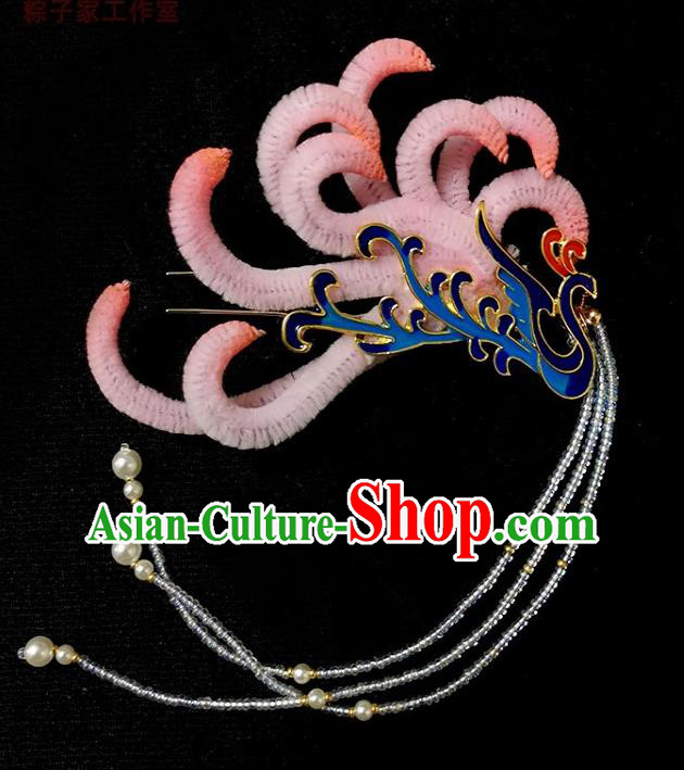 China Handmade Beads Tassel Phoenix Hair Stick Traditional Ancient Ming Dynasty Empress Pink Velvet Hairpin