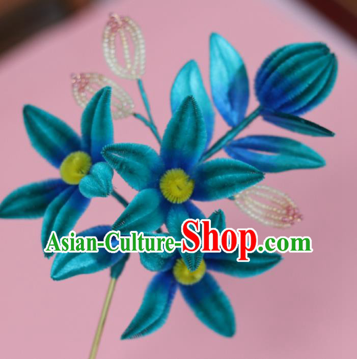 China Handmade Beads Leaf Hair Stick Traditional Ancient Qing Dynasty Court Woman Blue Velvet Flower Hairpin