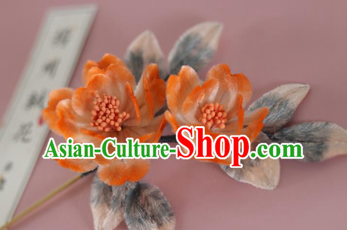 China Handmade Hanfu Hair Stick Traditional Ancient Qing Dynasty Court Woman Orange Velvet Peony Hairpin