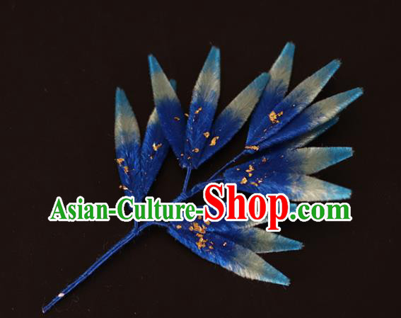China Handmade Hanfu Bamboo Leaf Hair Stick Traditional Ancient Qing Dynasty Court Woman Blue Velvet Hairpin