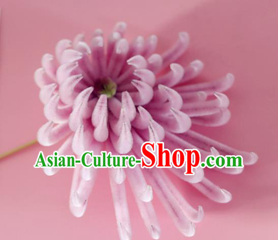 China Handmade Hanfu Chrysanthemum Hair Stick Traditional Ancient Qing Dynasty Palace Lady Pink Velvet Hairpin