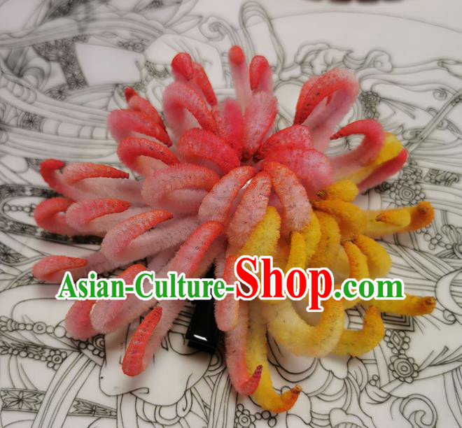 China Handmade Hair Claw Traditional Hanfu Hairpin Ancient Princess Pink Velvet Chrysanthemum Hair Stick
